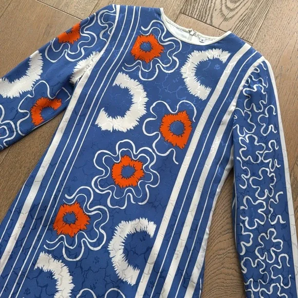 Vintage Long sleeve shift brocade blue orange silk mini dress - Picture 4 of 8